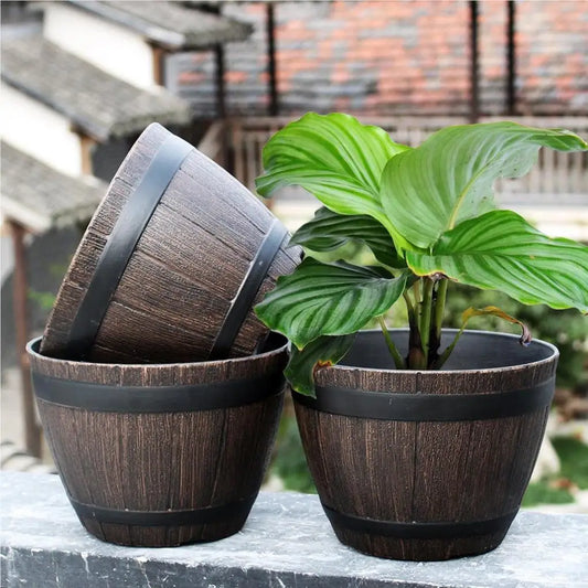 Simulation Wood Barrels 9 Inch Resin Flower Pot