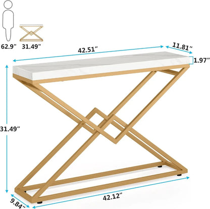 42 in Modern Console Living Room Faux Marble Sofa Behind Couch Wooden Narrow Entryway Foyer Table Metal Frame, White & Gold